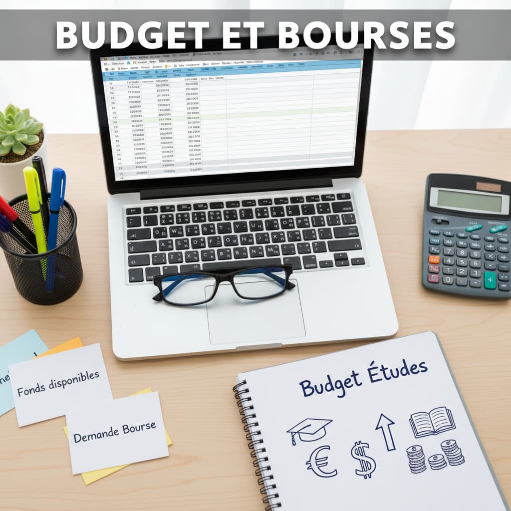 Vue de dessus d'un bureau d'étudiant avec un ordinateur portable, une calculatrice et un carnet ouvert où est écrit 'Budget Études', un mortier et un symbole euro, scène lumineuse et organisée, texte superposé 'BUDGET ET BOURSES' avec ombre portée.