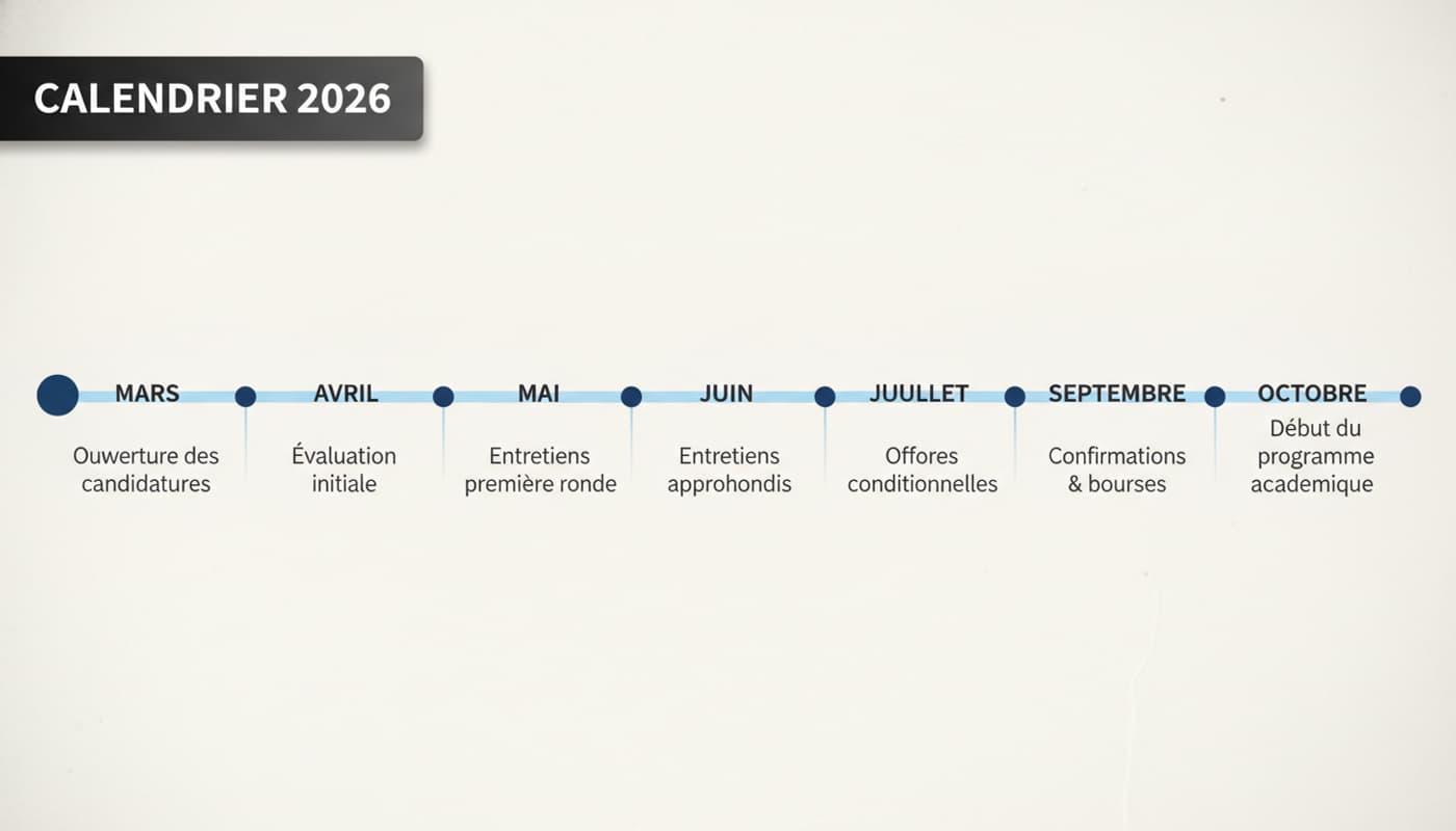 Timeline minimaliste présentant les étapes clés de mars à octobre 2026, avec le titre 'CALENDRIER 2026' en superposition.