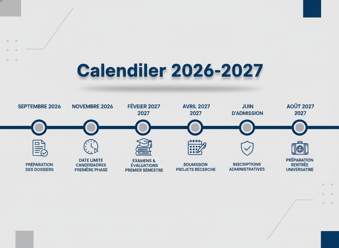 Infographie minimaliste avec un calendrier linéaire de 2026 à 2027, des icônes d'étapes clés, sur fond bleu et gris, avec le titre 'Calendrier 2026-2027' en surimpression.