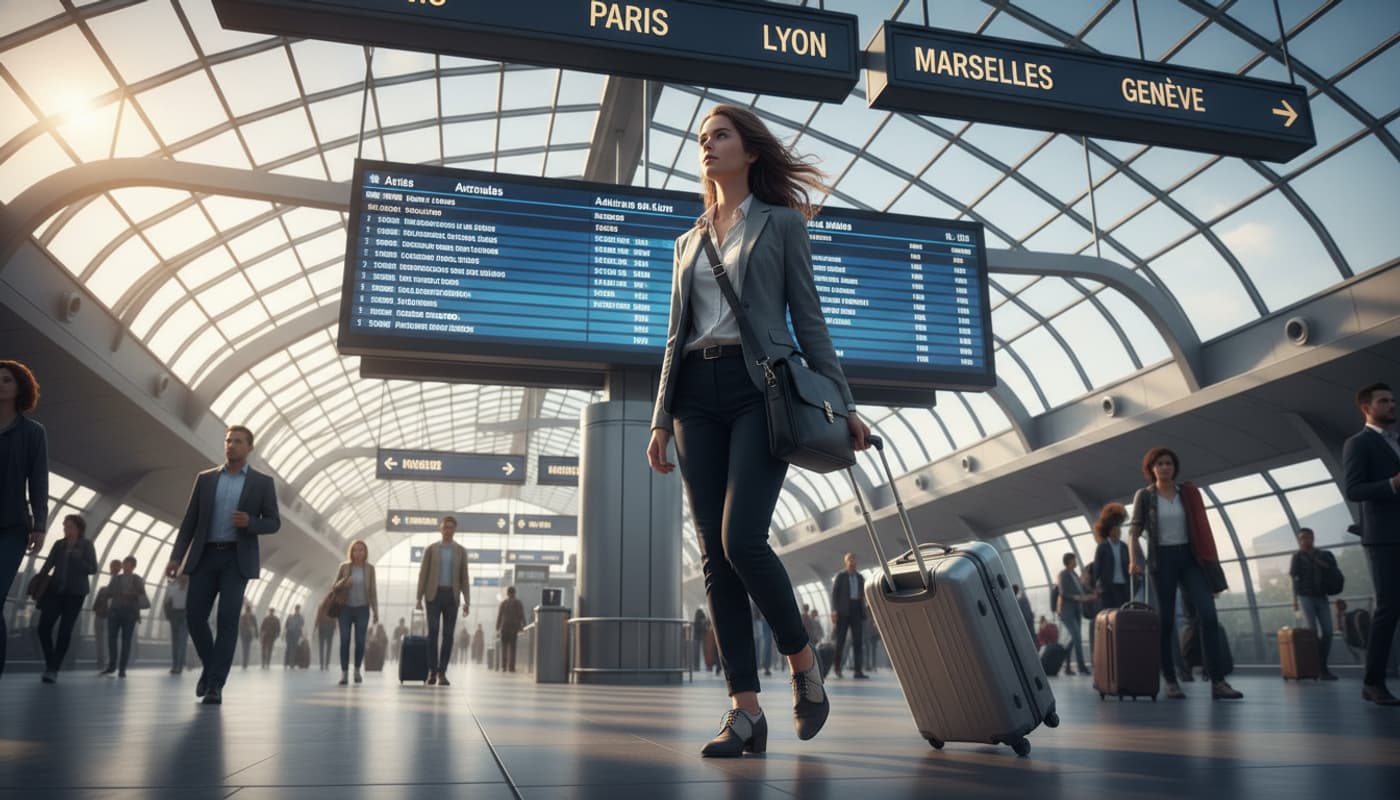 Un jeune chercheur avec une valise et un sac à dos pour ordinateur traverse un hall d'aéroport moderne, des panneaux directionnels en français pointent vers des grandes villes, l'atmosphère est optimiste.