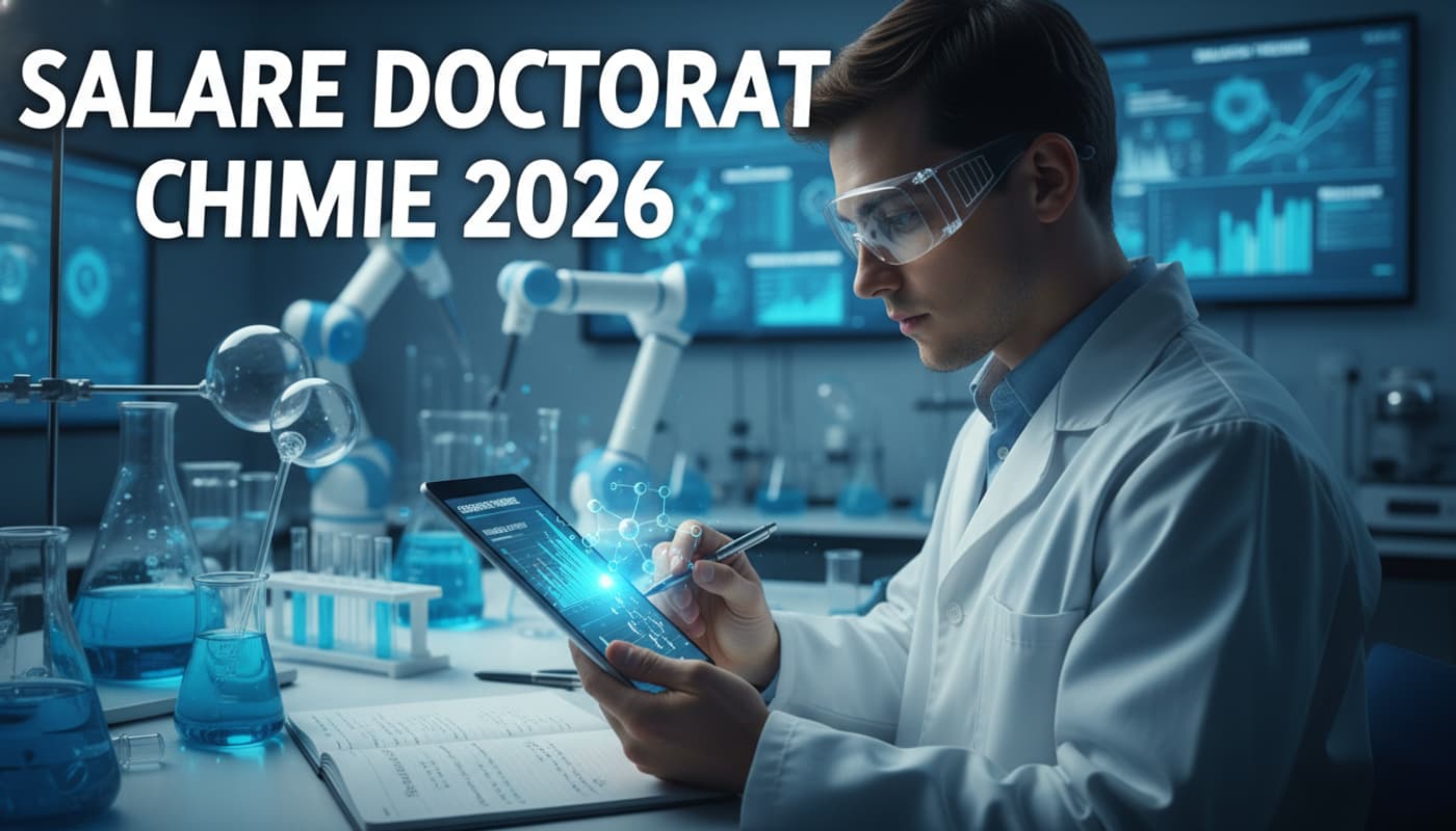 Jeune chercheur en chimie en blouse blanche et lunettes de sécurité, concentré sur une tablette numérique affichant des graphiques de croissance et des molécules, dans un laboratoire moderne avec éclairage bleu et verrerie.