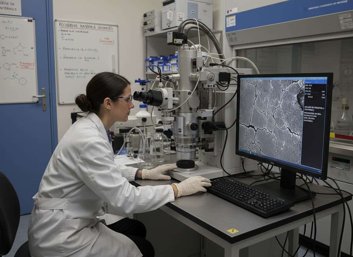 Un chimiste expert utilise un microscope électronique à balayage pour analyser une fracture de polymère, l'écran affiche une image en noir et blanc agrandie.