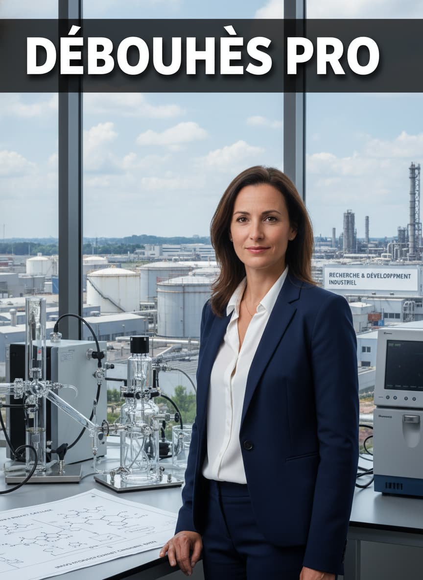 Portrait d'un chimiste en tenue professionnelle dans un laboratoire de recherche moderne, avec le texte 'DÉBOUCHÉS PRO' superposé.