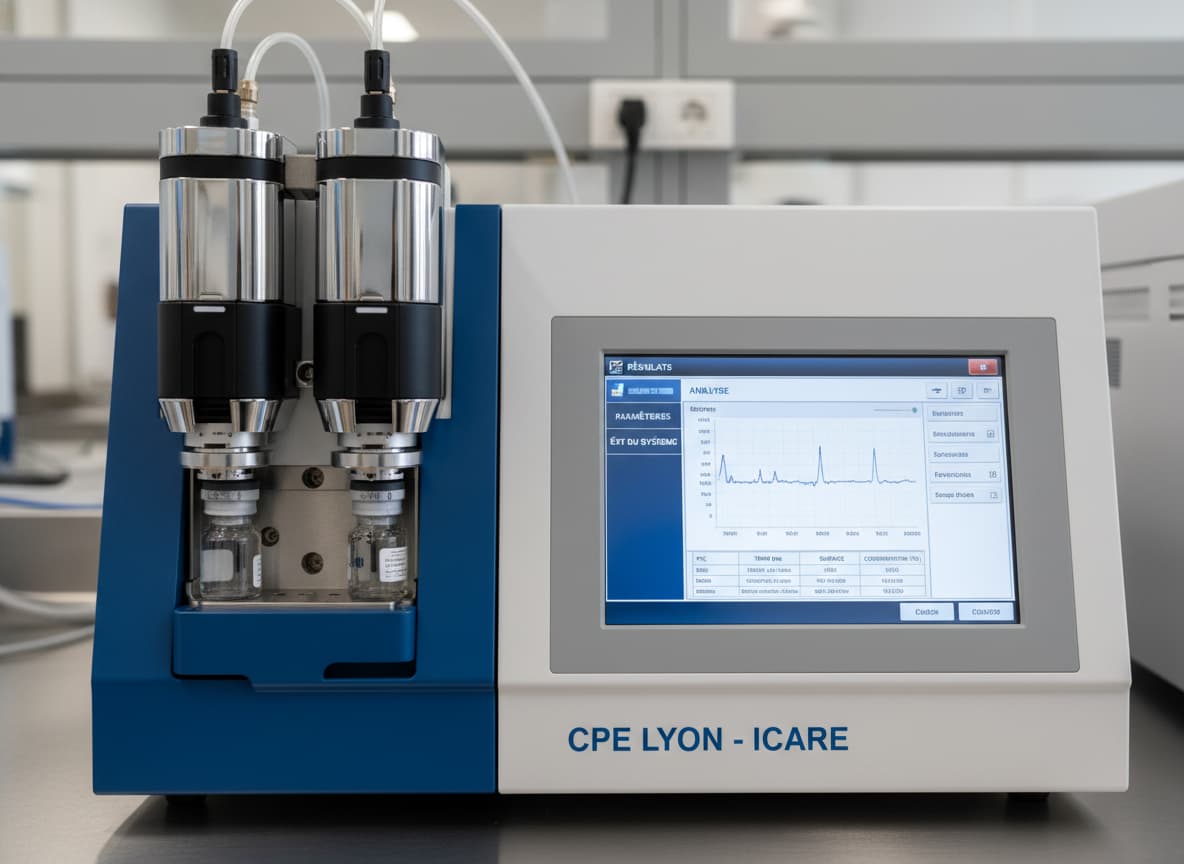 Gros plan d'un chromatographe en phase gazeuse montrant les injecteurs et un écran d'interface avec les libellés RÉSULTATS et ANALYSE.