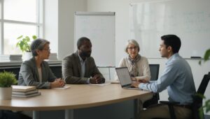 Trois professeurs autour d'une table de conférence écoutant un jeune chercheur avec un ordinateur portable dans un bureau universitaire lumineux.