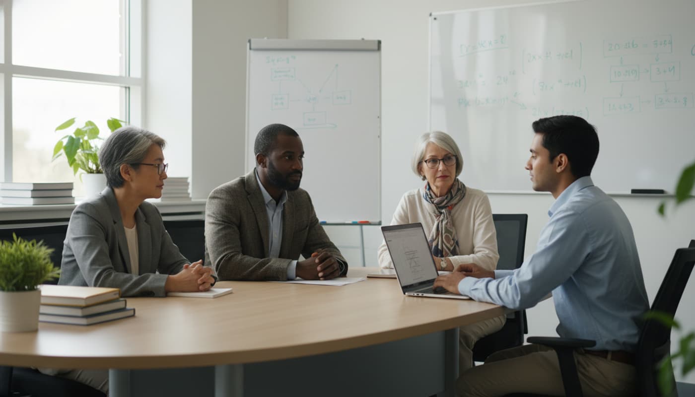 Trois professeurs autour d'une table de conférence écoutant un jeune chercheur avec un ordinateur portable dans un bureau universitaire lumineux.