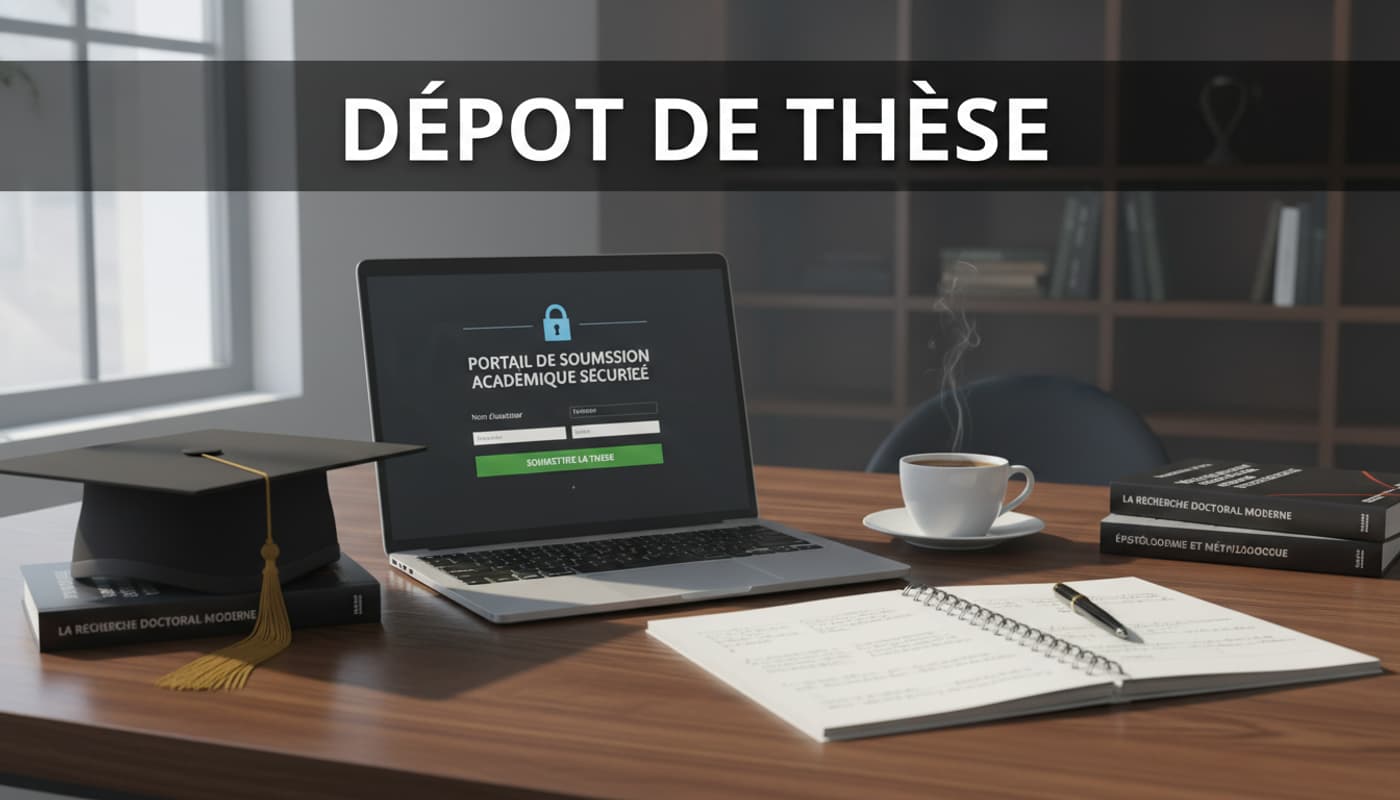 Un bonnet de graduation et un ordinateur portable sur un bureau en bois, avec une tasse de café et un carnet, sur lequel est superposé le texte 'DÉPÔT DE THÈSE'.