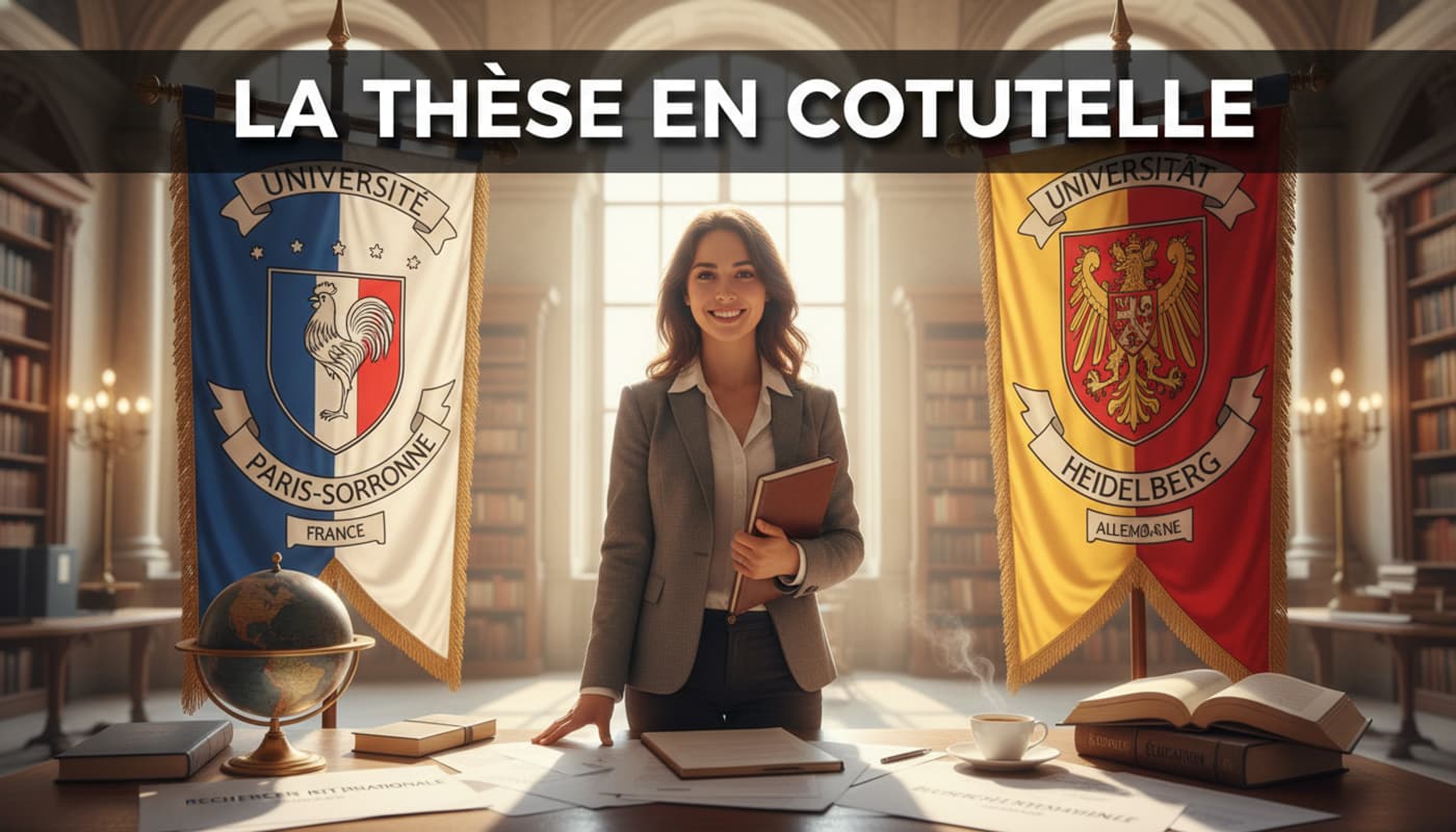 Un doctorant se tient entre deux grandes bannières universitaires représentant différents pays, un globe et des documents académiques sont posés sur un bureau au premier plan, la lumière est vive et inspirante, et un texte 'LA THÈSE EN COTUTELLE' est superposé avec ombre portée sur un fond semi-transparent foncé.