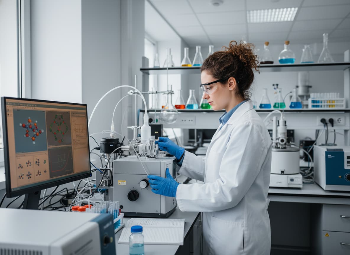 Un doctorant en chimie porte une blouse blanche et des lunettes de sécurité, ajuste un instrument de précision en regardant un écran d'ordinateur avec des modèles moléculaires, dans un laboratoire avec des flacons et outils scientifiques.