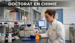 Chercheur en blouse blanche concentré dans un laboratoire de chimie moderne à Lyon avec des verreries et solutions colorées.