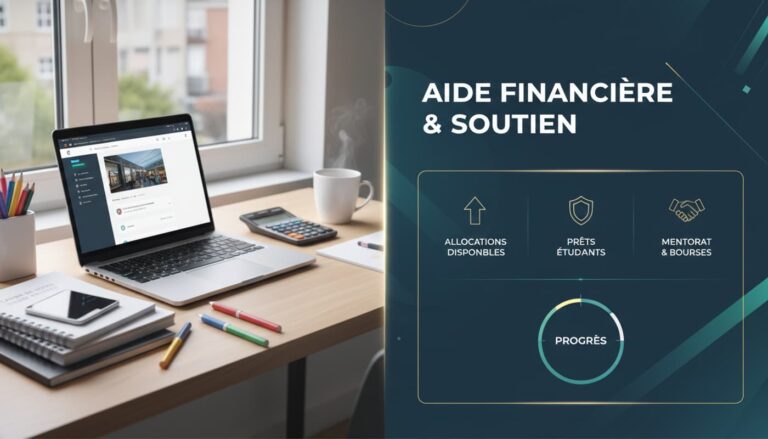 Un ordinateur portable ouvert sur un bureau en bois avec des cahiers et stylos, et de l'autre côté un tableau de bord numérique abstrait pour l'aide financière, dans une composition lumineuse et équilibrée.