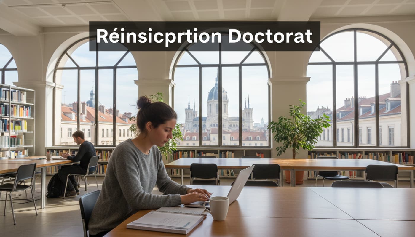 Un doctorant concentré travaille sur un ordinateur portable dans une bibliothèque universitaire moderne à Lyon, avec un texte superposé 'Réinscription Doctorat'.