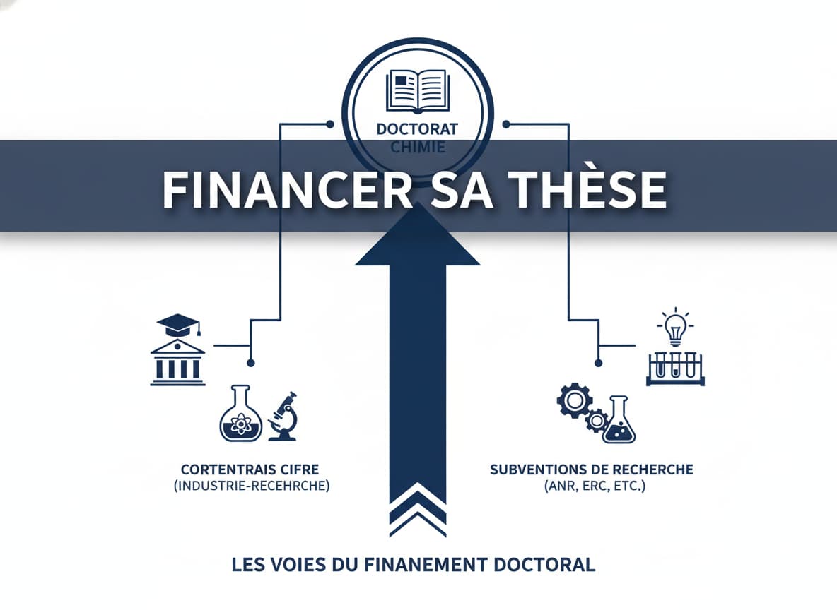 Illustration conceptuelle avec des icônes représentant contrats universitaires, partenariats CIFRE et subventions de recherche, sur fond bleu marine et blanc, avec texte superposé 'FINANCER SA THÈSE'.