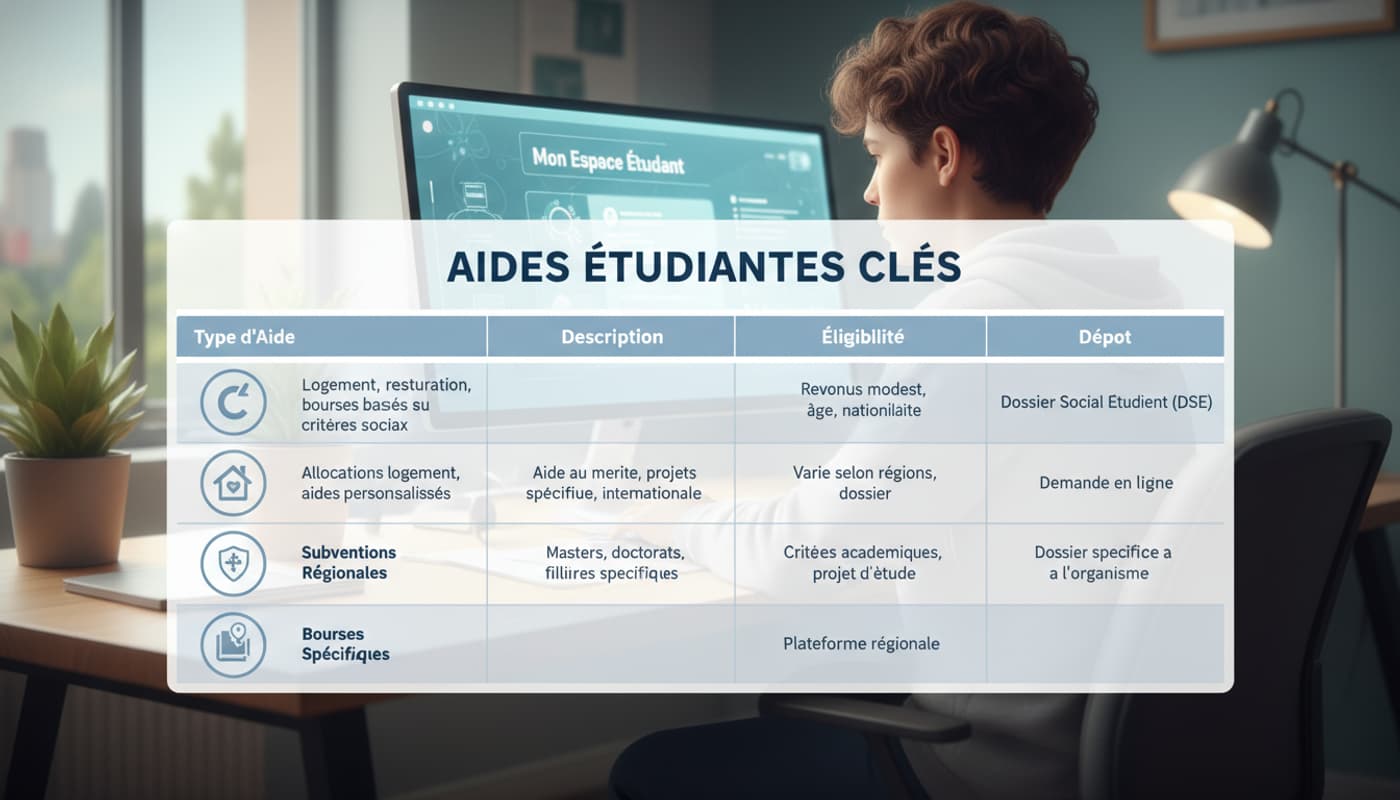 Un tableau comparatif d'aides étudiantes, avec des icônes pour le CROUS, la CAF et les bourses régionales, et un étudiant regardant un écran en arrière-plan.