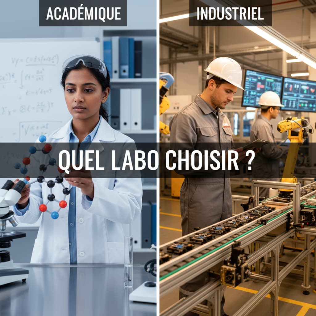 Infographie en deux parties montrant à gauche un chercheur en blouse examinant des modèles moléculaires et à droite un technicien inspectant une chaîne de production, avec le texte 'QUEL LABO CHOISIR ?' au centre et les labels 'ACADÉMIQUE' et 'INDUSTRIEL'.