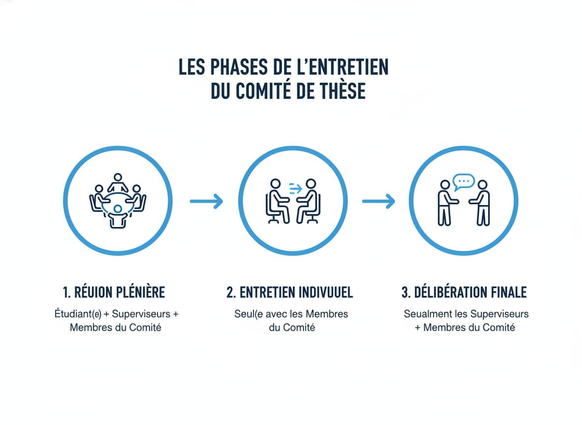 Infographie minimaliste bleue et blanche présentant les trois phases d'un comité de suivi de thèse : une réunion de groupe, un entretien avec l'étudiant seul, puis une discussion avec les encadrants seuls.