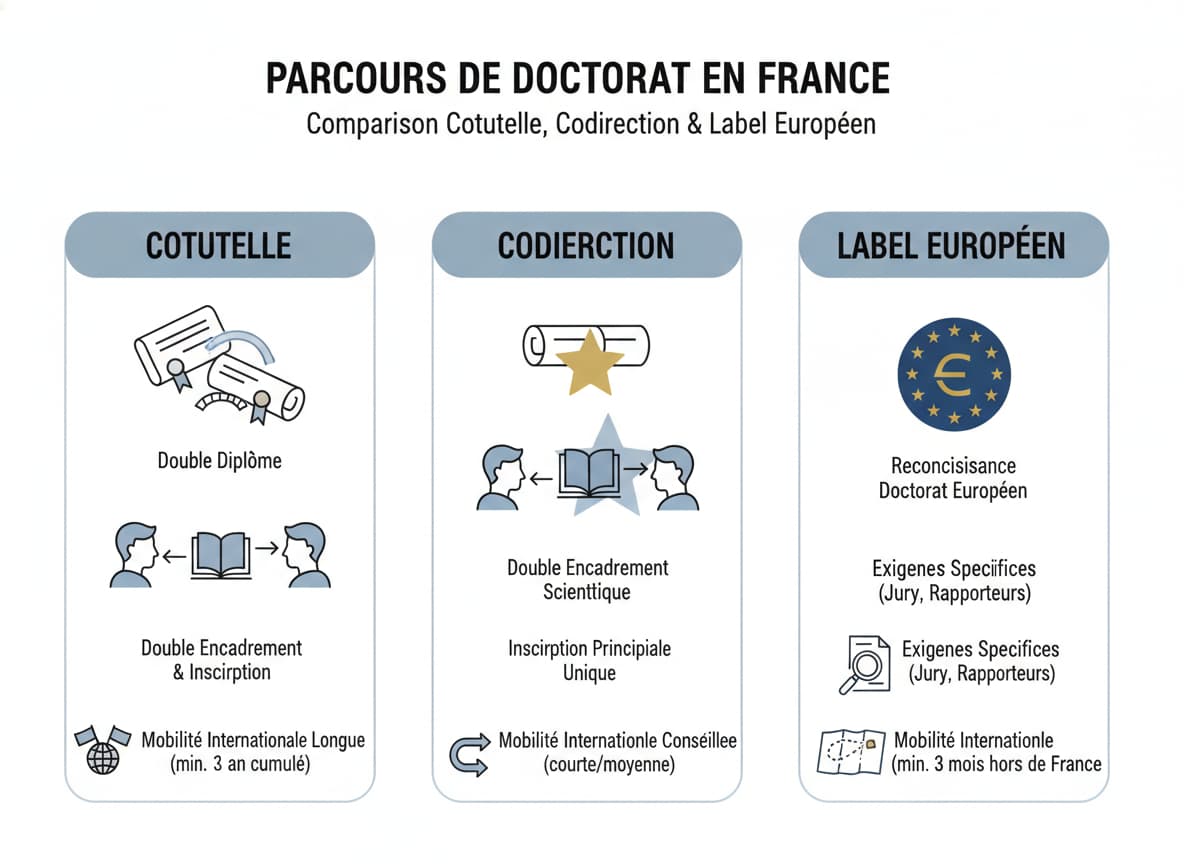 Infographie minimaliste avec trois colonnes distinctes étiquetées Cotutelle, Codirection et Label Européen, chacune comportant des icônes académiques symboliques.