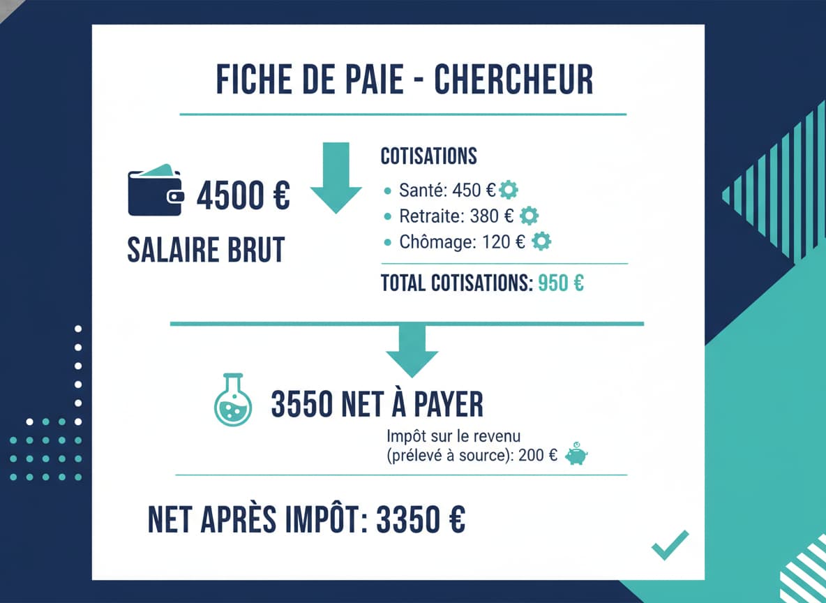 Infographie éducative représentant une fiche de paie stylisée pour un chercheur, avec des icônes de portefeuille et de fiole de laboratoire, illustrant le passage du salaire brut au salaire net, incluant les étiquettes 'Salaire Brut', 'Cotisations' et 'Net à payer' en français sur fond bleu marine et teal.