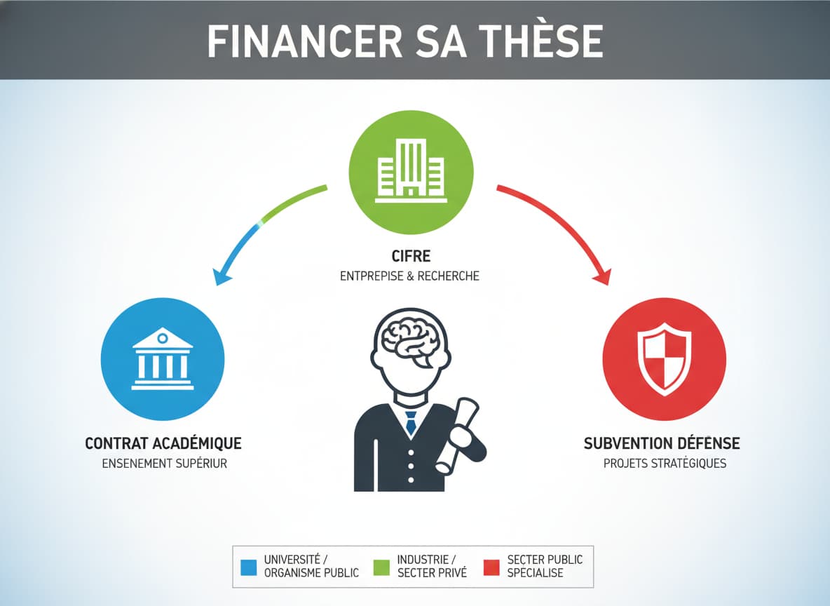 Infographie conceptuelle avec trois icônes stylisées représentant un bâtiment universitaire, un bureau d'entreprise moderne et un bouclier, reliées par des flèches à une figure centrale de chercheur, avec le texte 'FINANCER SA THÈSE' superposé.