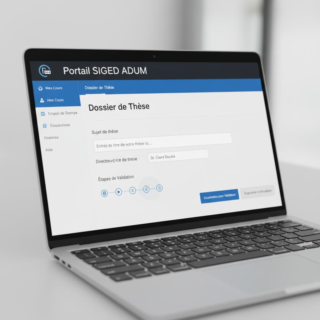 Un écran d'ordinateur portable affiche une interface de portail étudiant avec des champs de texte et un bouton de validation, surmonté d'une bannière sombre indiquant 'Portail SIGED ADUM'.