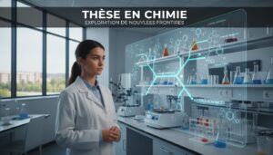 Jeune chercheur regardant un affichage holographique de structures chimiques dans un laboratoire moderne, avec des verreries et équipements en arrière-plan.