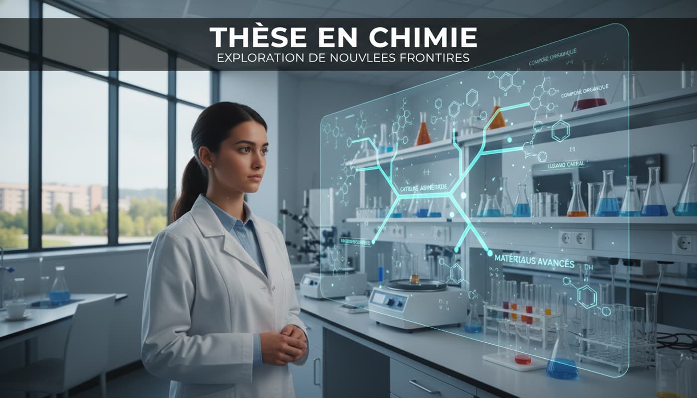 Jeune chercheur regardant un affichage holographique de structures chimiques dans un laboratoire moderne, avec des verreries et équipements en arrière-plan.