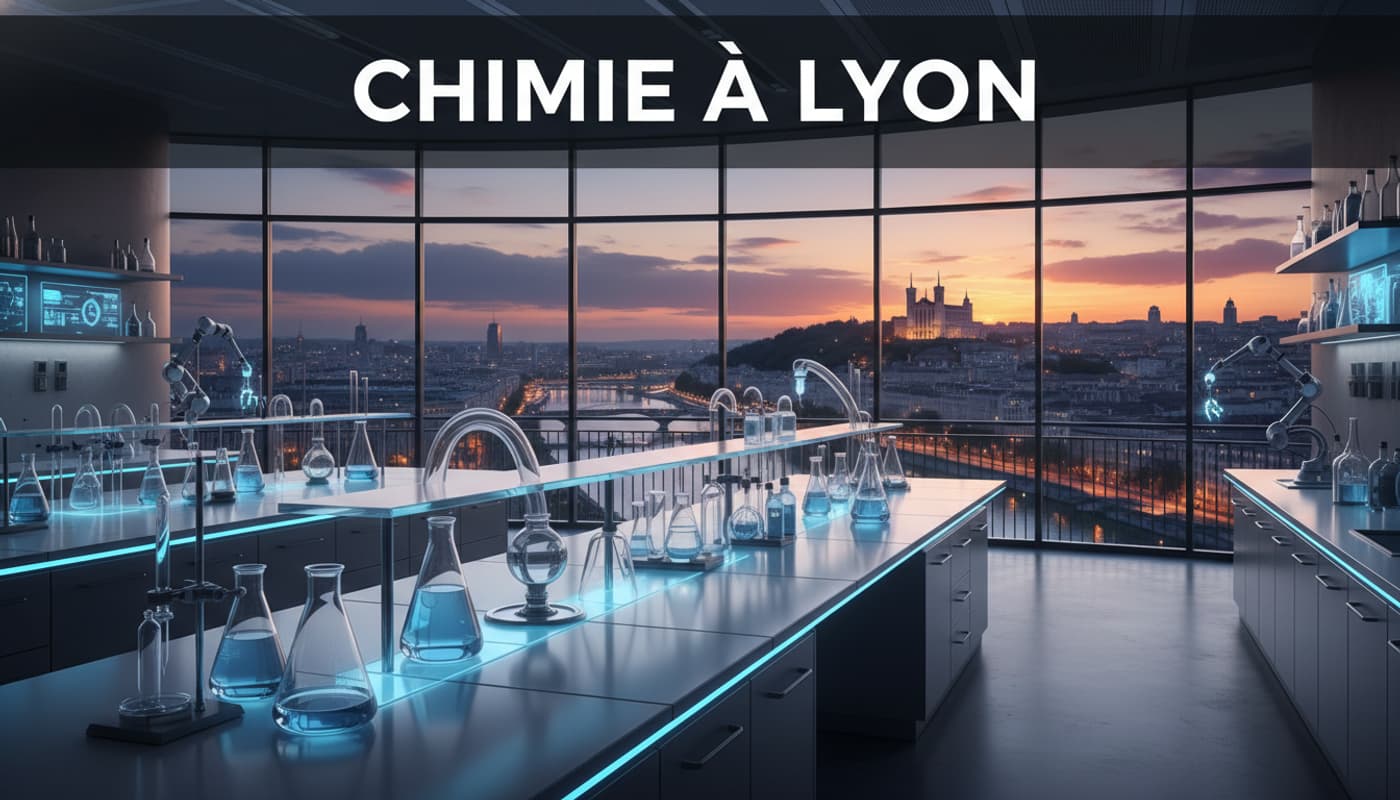 Panorama d'un laboratoire de chimie futuriste avec flacons et pipettes lumineux, dominant Lyon et le Rhône au crépuscule, sur lequel est superposé le titre 'CHIMIE À LYON'.