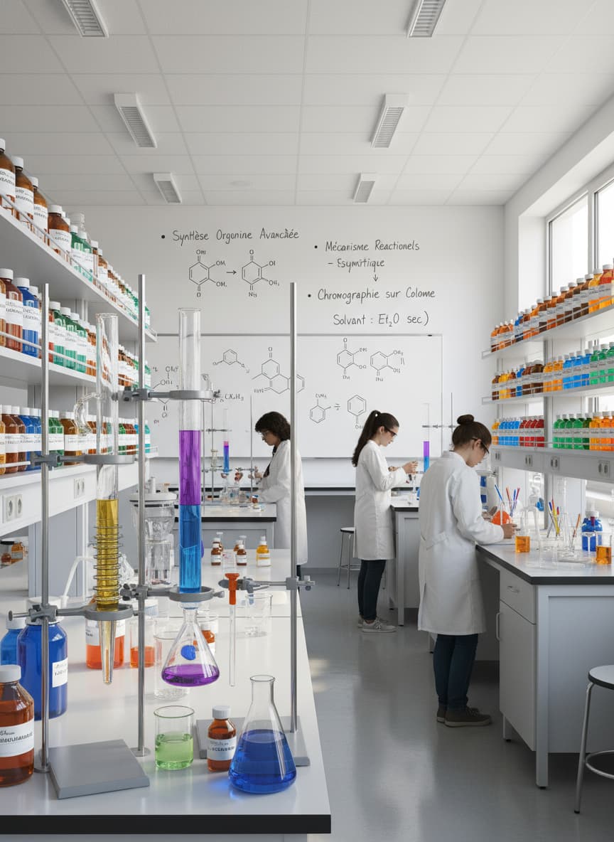 Shelves of colorful chemical reagents and glass chromatography columns in a laboratory, with a whiteboard showing organic chemistry structures and French annotations in the background.