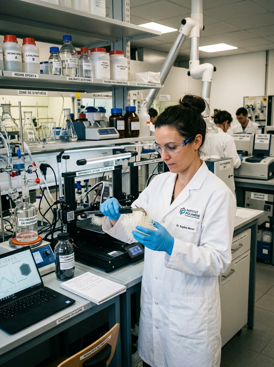 Un scientifique inspecte une pièce en plastique imprimée en 3D avec une structure en treillis complexe dans un laboratoire de recherche en polymères.