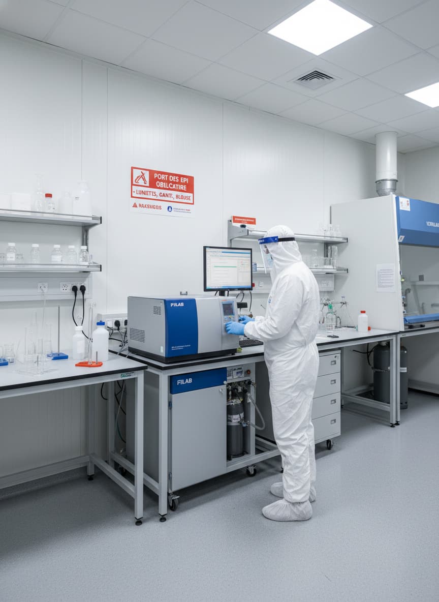 Un technicien de laboratoire en tenue de protection travaille sur un système ICP-OES moderne dans un environnement stérile et high-tech du laboratoire FILAB à Lyon, avec des textes en français sur les panneaux et écrans.