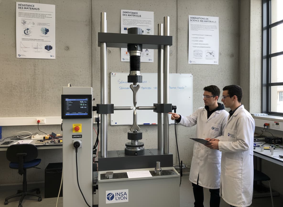 Une grande machine d'essai de traction étire une éprouvette métallique dans un laboratoire de science des matériaux de l'INSA Lyon, avec des affiches sur la durabilité en arrière-plan.
