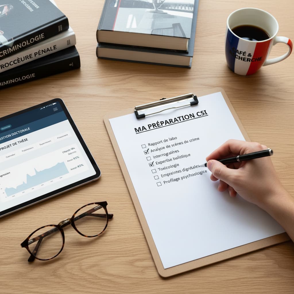 Une main coche des éléments sur une liste intitulée 'Ma préparation CSI' posée sur un bureau en bois, à côté d'une tablette affichant une interface de gestion doctorale et d'une paire de lunettes.
