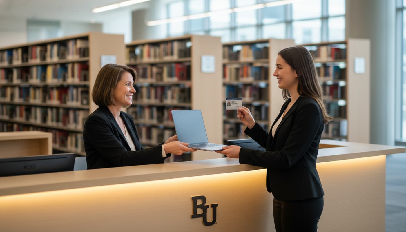 Une bibliothécaire transmet un ordinateur portable gris à un étudiant souriant qui présente sa carte d'étudiant devant un comptoir d'accueil moderne.