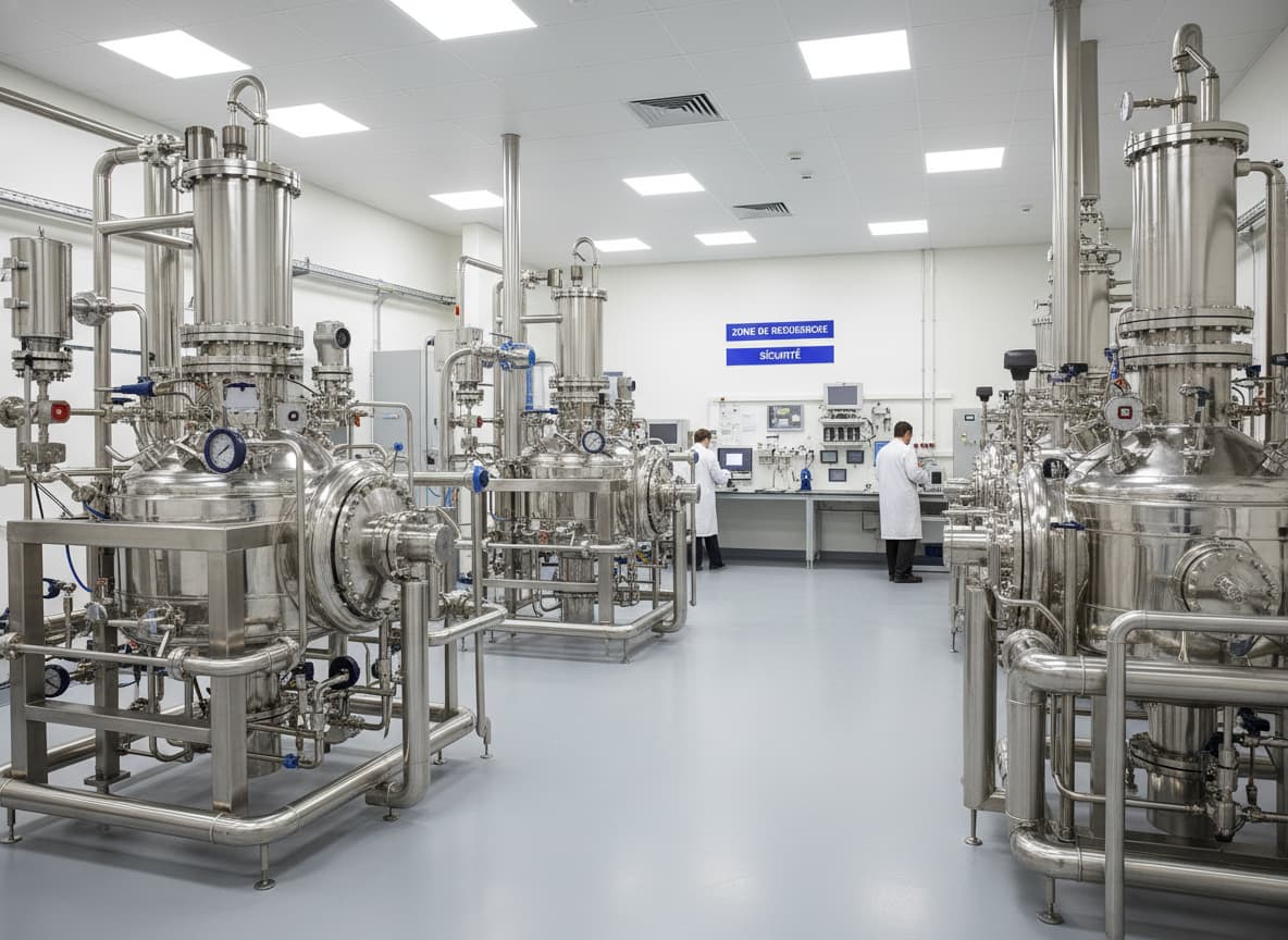 Vue large de l'intérieur de l'IRCELYON avec des réacteurs catalytiques en acier inoxydable et une signalétique indiquant 'ZONE DE RECHERCHE' et 'SÉCURITÉ'.