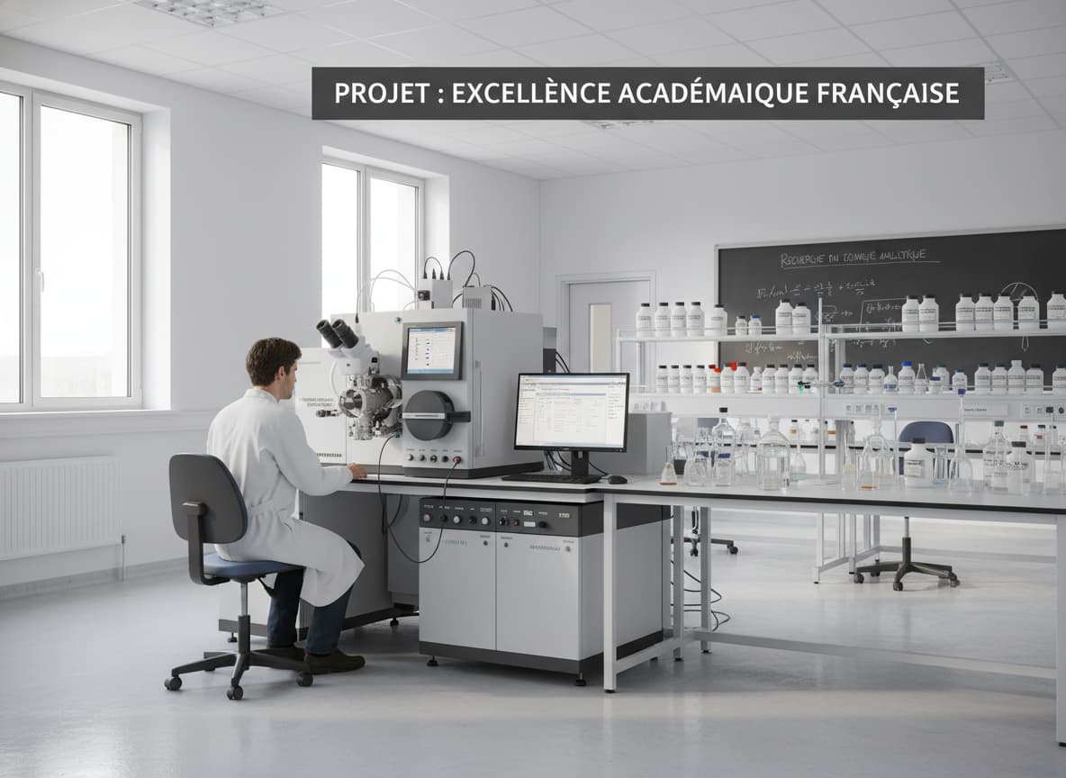 Un scientifique en blouse blanche manipule un spectromètre de masse de haute précision dans un laboratoire lumineux et propre, avec des étiquettes en français.