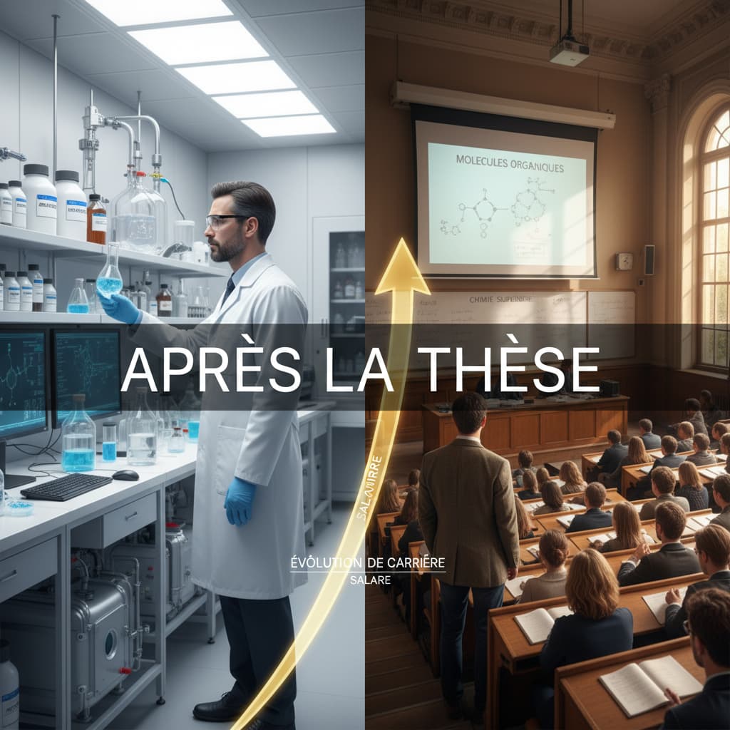 Composition divisée montrant à gauche un chercheur dans un laboratoire pharmaceutique et à droite un professeur dans un amphithéâtre, avec une flèche dorée pointant vers le haut et le texte 'APRÈS LA THÈSE' superposé.
