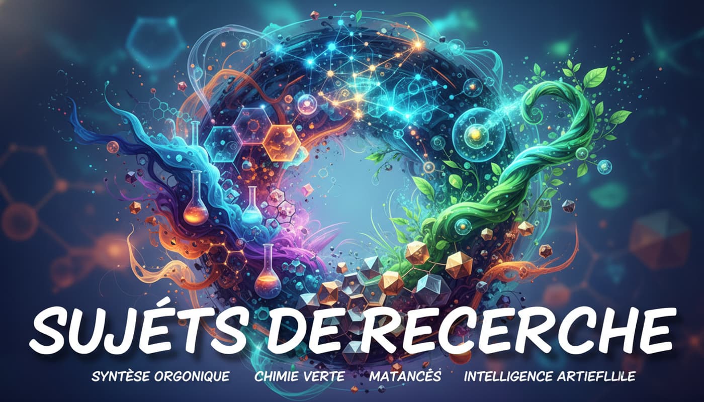 Une composition artistique et colorée mêlant des motifs de plantes, des structures moléculaires, des nœuds numériques d'intelligence artificielle et le texte 'SUJETS DE RECHERCHE' écrit en lettres capitales.
