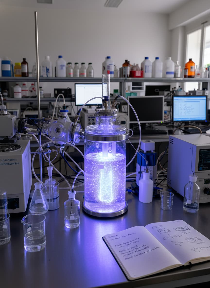 Un réacteur en verre contient une réaction chimique lumineuse sous lumière ultraviolette dans un laboratoire de recherche sur les multimatériaux.