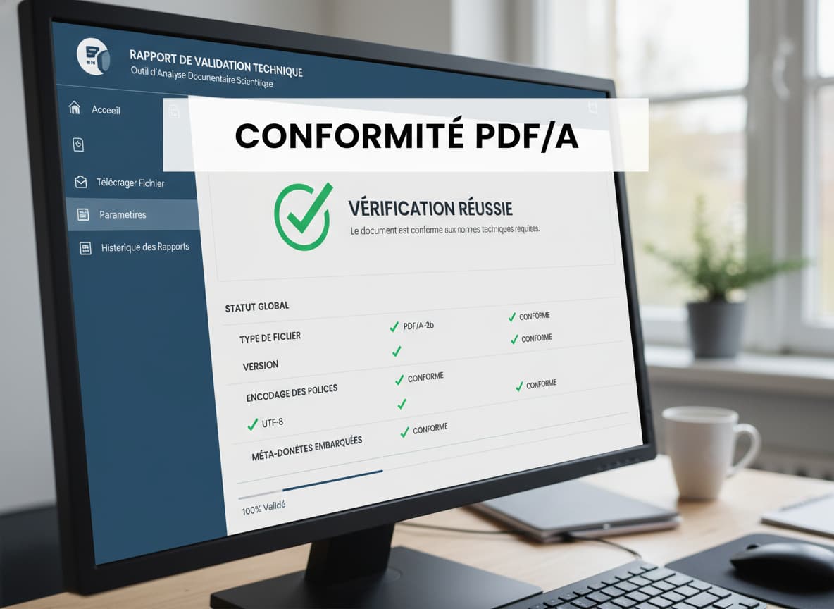 Un écran d'ordinateur affiche un rapport de vérification technique, avec une coche verte et le message 'CONFORMITÉ PDF/A' superposé.