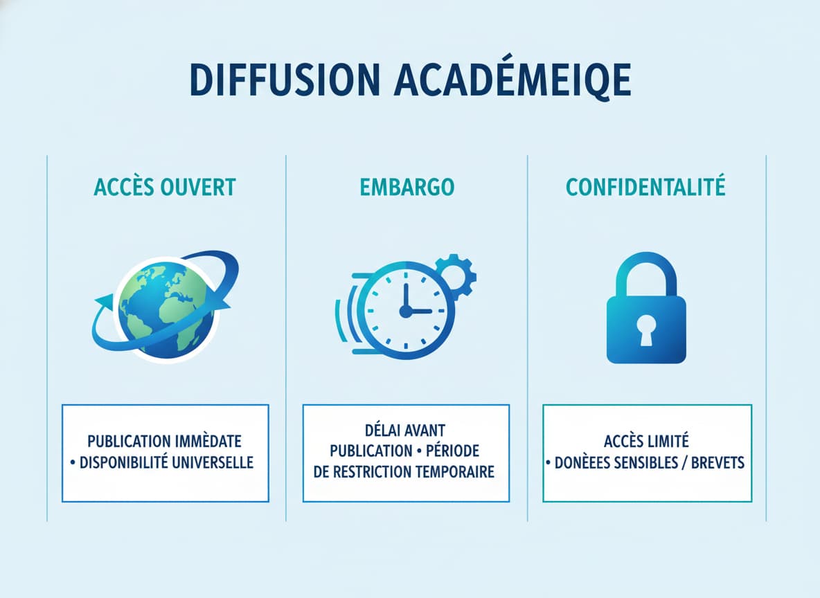 Infographie illustrant trois chemins de diffusion académique : Accès Ouvert avec icône de globe, Embargo avec icône d'horloge, et Confidentialité avec icône de cadenas, sur fond bleu et bleu-vert.