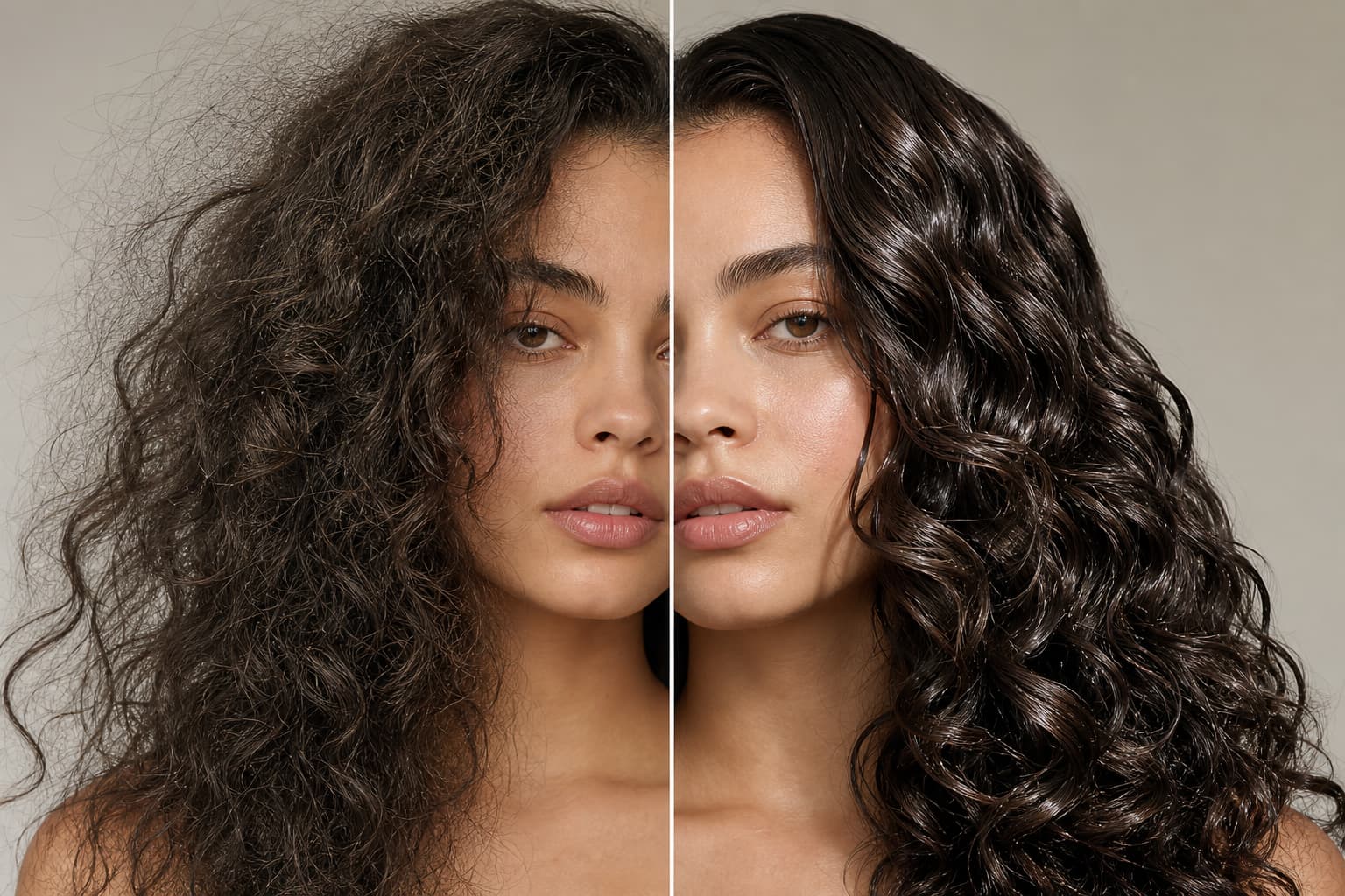 Photographie éditoriale en split-screen montrant une transformation capillaire avant-après : à gauche, des cheveux frisés, secs et abîmés ; à droite, des cheveux lisses, nourris et brillants sous une lumière naturelle.