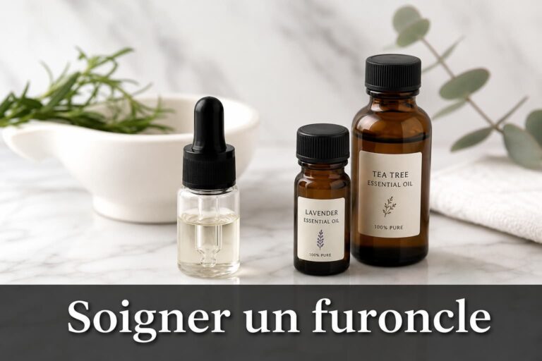 Deux flacons d'huile essentielle en verre ambré foncé et un compte-gouttes en verre posés sur une surface en marbre blanc, avec le texte 'Soigner un furoncle' en surimpression.