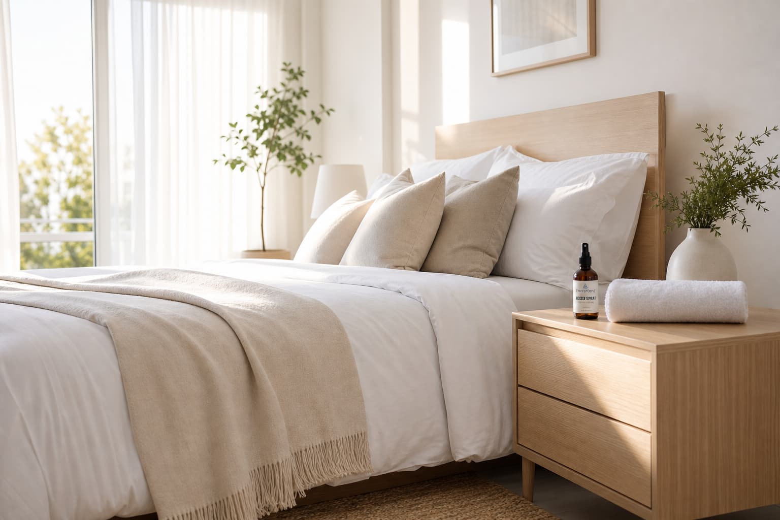 Une chambre lumineuse avec un lit aux draps blancs et une table de nuit en bois supportant un flacon ambré et une serviette pliée.