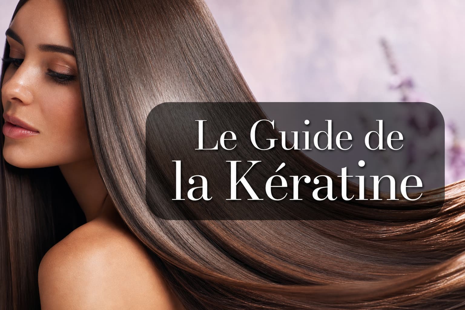Cheveux sains, lisses et brillants flottant élégamment sous un éclairage doux de studio et un fond pastel, avec le texte