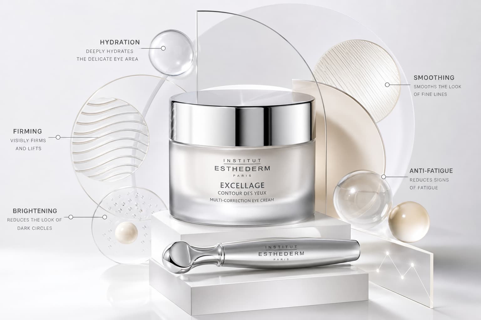 Un pot de crème contour des yeux et un applicateur métallique reposent parmi des formes géométriques abstraites sous un éclairage vif et clair.