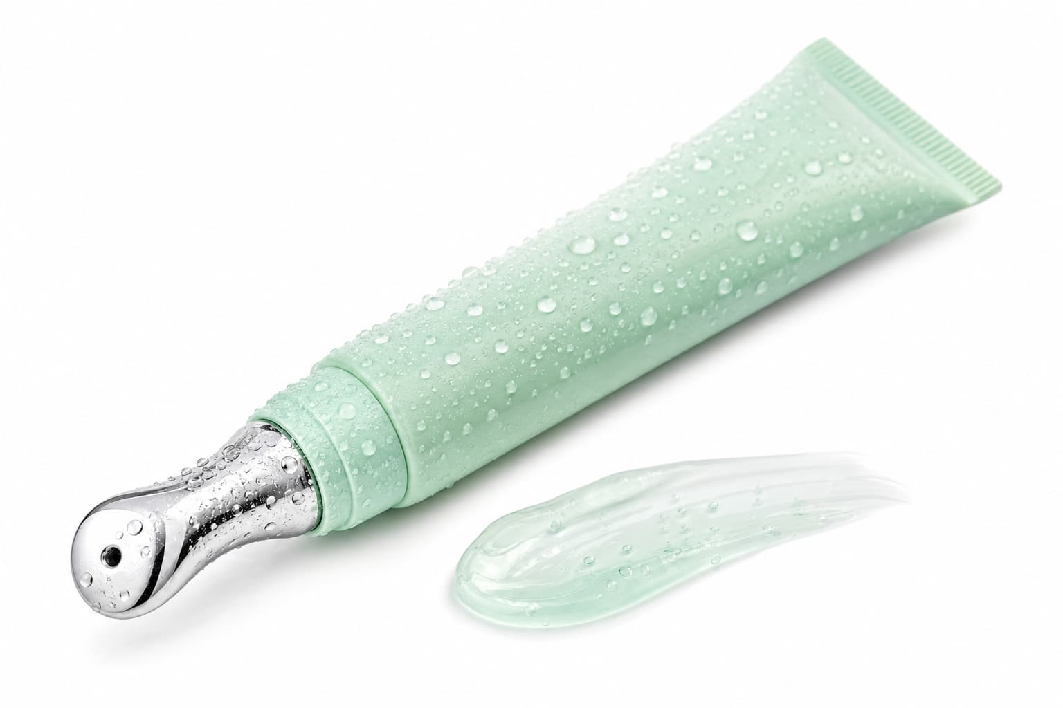 Crème contour des yeux en gel avec applicateur métallique, gouttelettes d