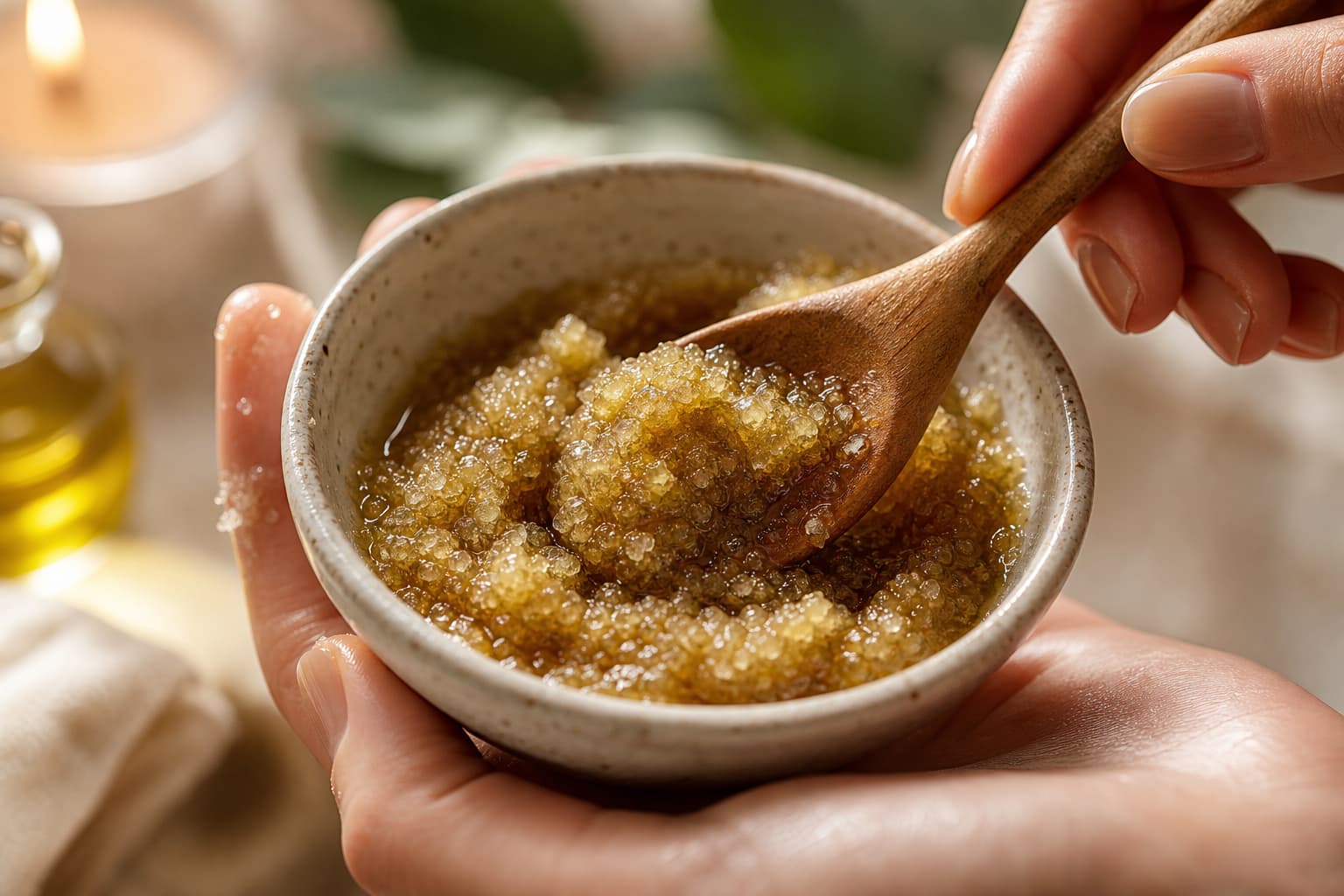 Mains mélangeant un gommage exfoliant maison au sucre roux et à l