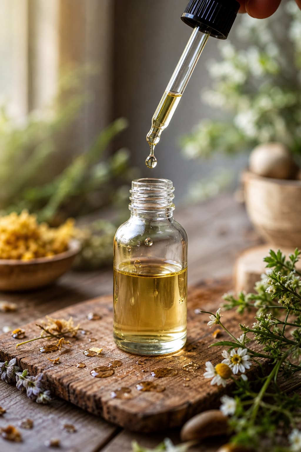 Une goutte d’huile essentielle tombe d’une pipette dans un flacon en verre rempli d’huile végétale, entourée de quelques gouttes sur une planche de bois rustique.