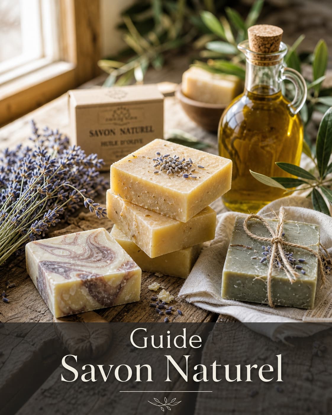 Barres de savon artisanal, bouteille en verre d