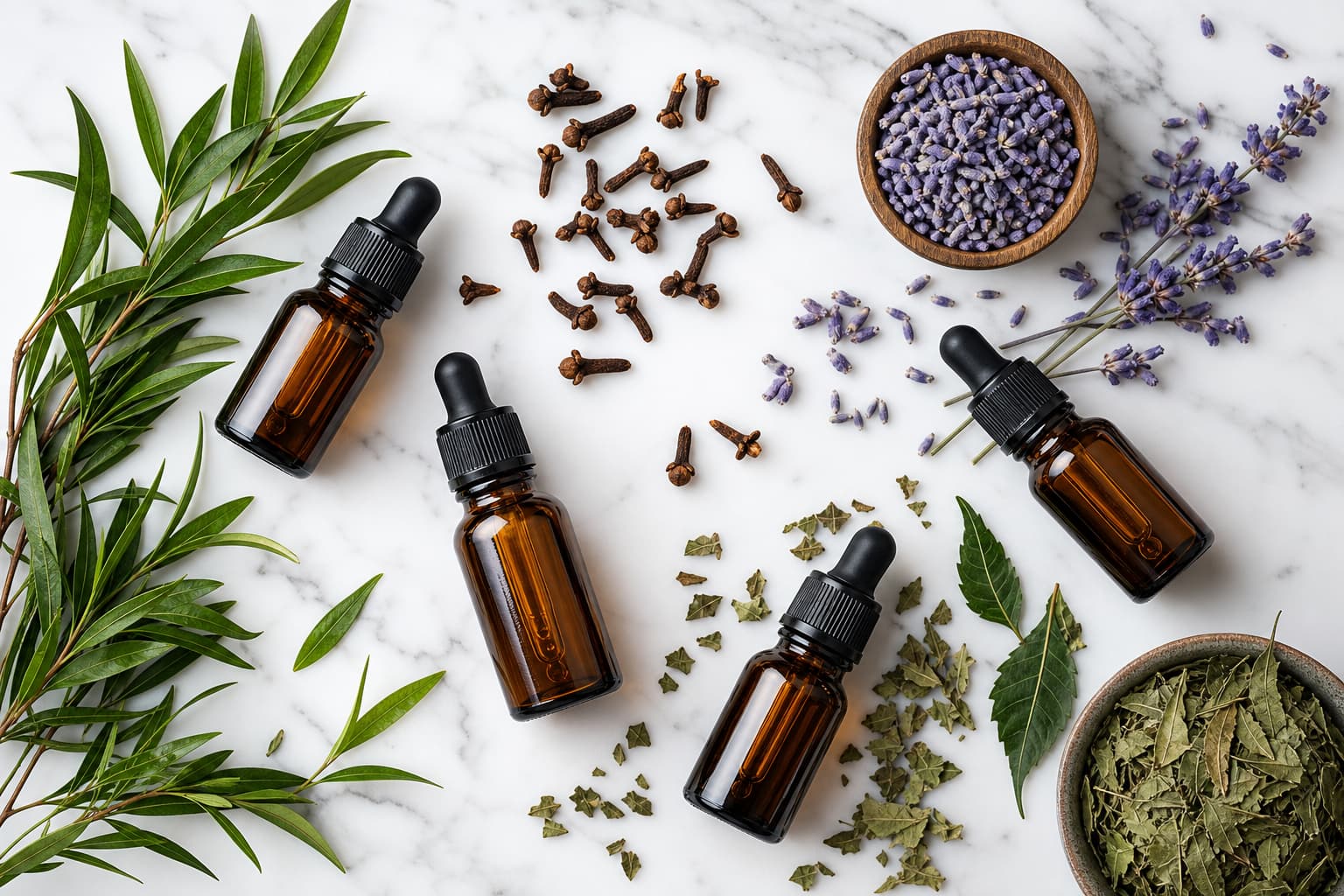 Vue de dessus en flat lay sur marbre blanc de petites bouteilles ambrées à compte-gouttes entourées de feuilles de tea tree, de clous de girofle, de bourgeons de lavande et de feuilles de neem séchées.